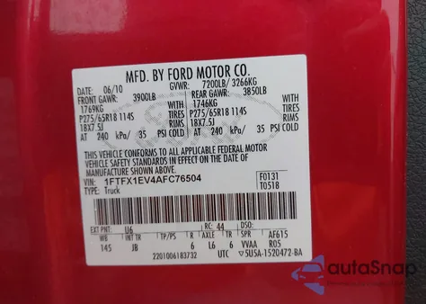 2010 Ford F-150 Fx4/Lariat/Xl/Xlt from USA, damaged, VIN 1FTFX1EV4AFC76504